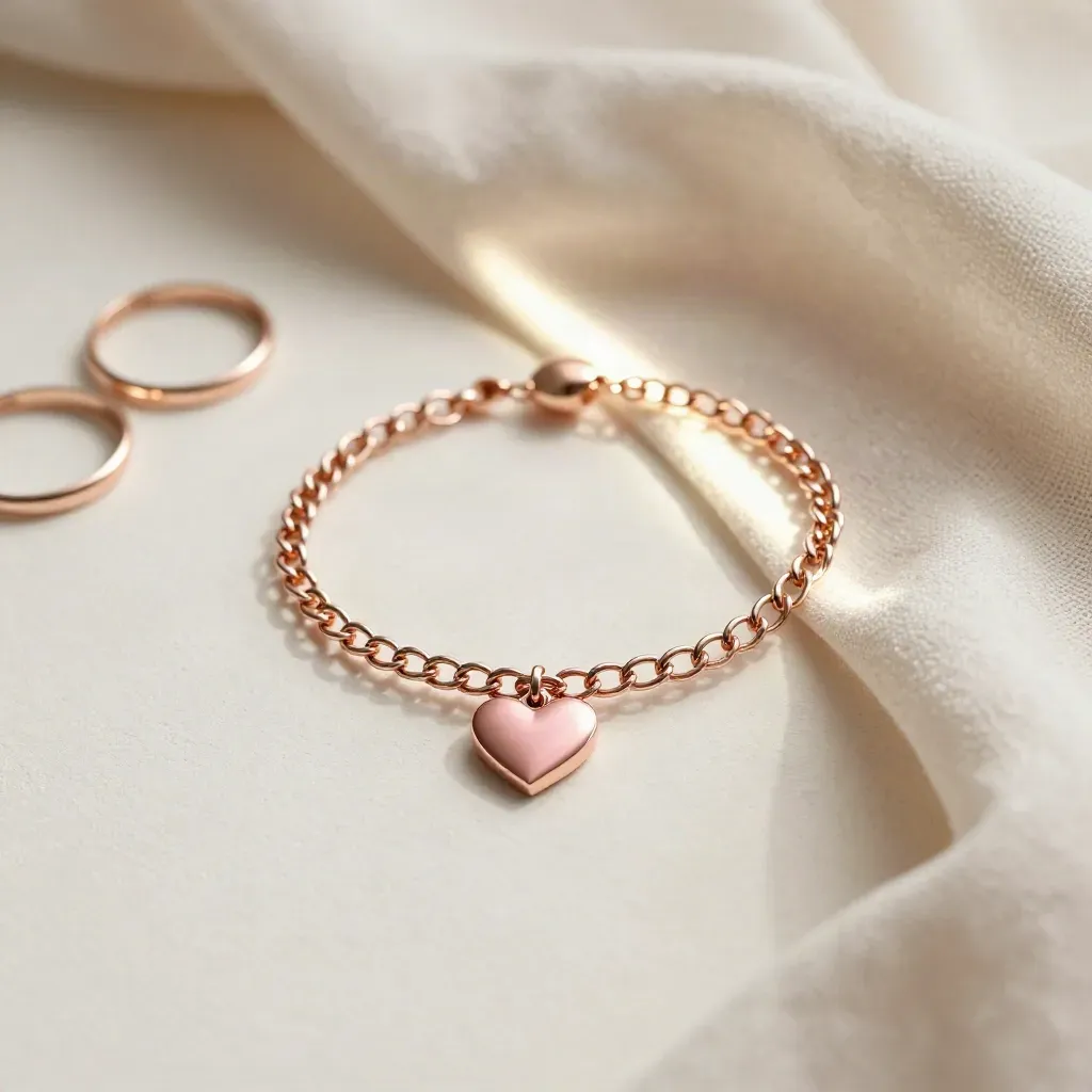 Bracelet cœur rose en gros plan sur plâtre ivoire avec deux anneaux et lin poudré.