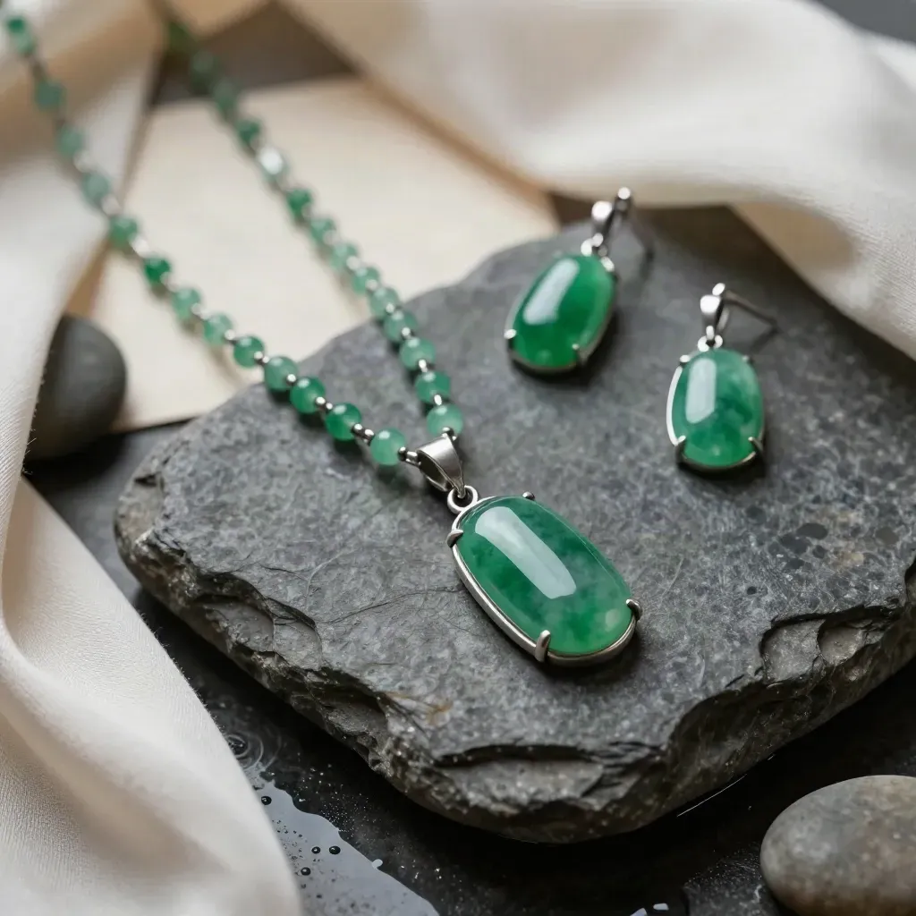 Parure jade verte sur pierre grise mouillée, avec galets et soie, lumière dramatique.