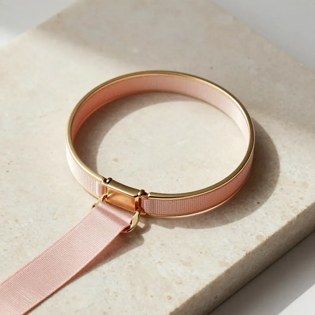 Bracelet en acier doré avec ruban rose, posé en S sur pierre crème en vue de dessus.