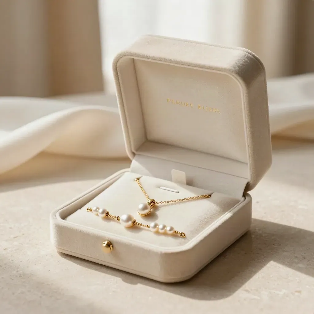 Coffret mariée or clair ouvert avec collier, boucles et bracelet sur pierre claire.