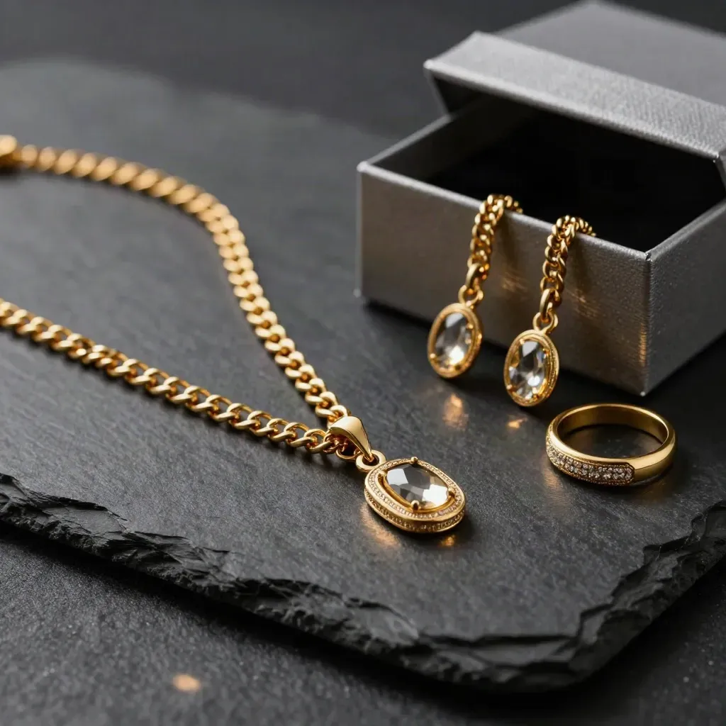 Parure or ouverte en éventail sur fond noir, quatre bijoux coordonnés, style luxe dramatique.
