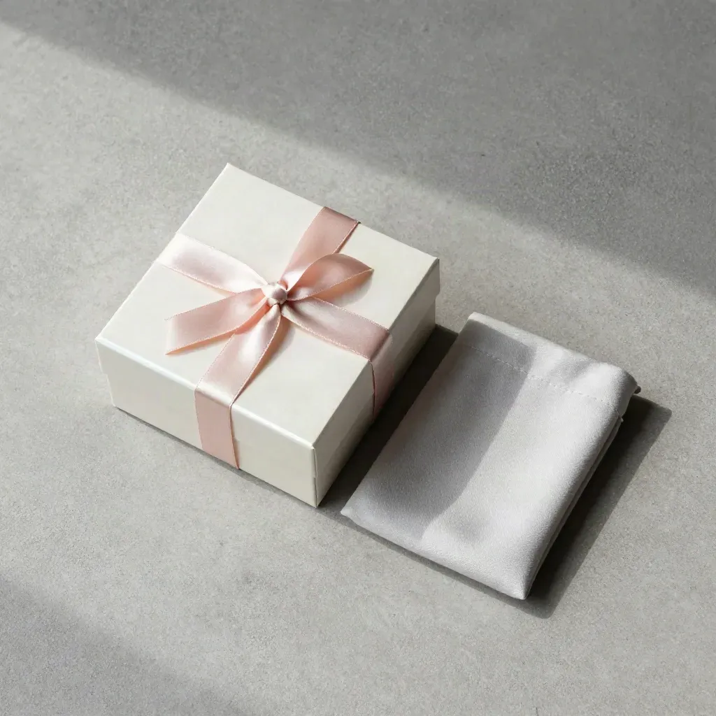 Coffret cadeau nacré fermé avec ruban rose poudré et pochette textile sur béton clair.
