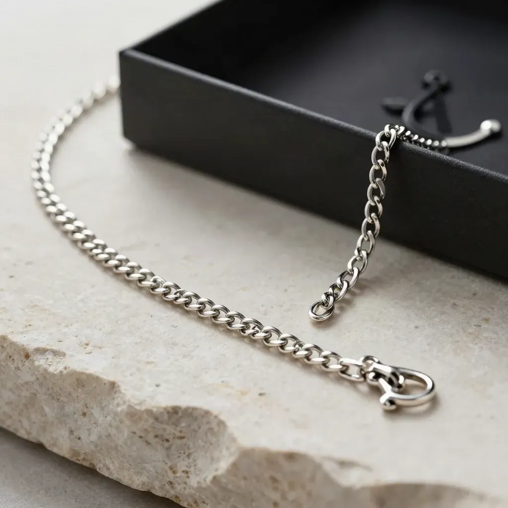 Parure argentée collier et bracelet sur pierre blanchie, boîte rigide noire ouverte